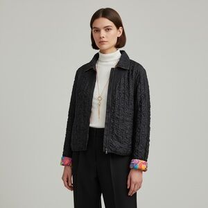 Reversible Black Textured Lightweight Puff Jacket w/ Floral – Women’s M